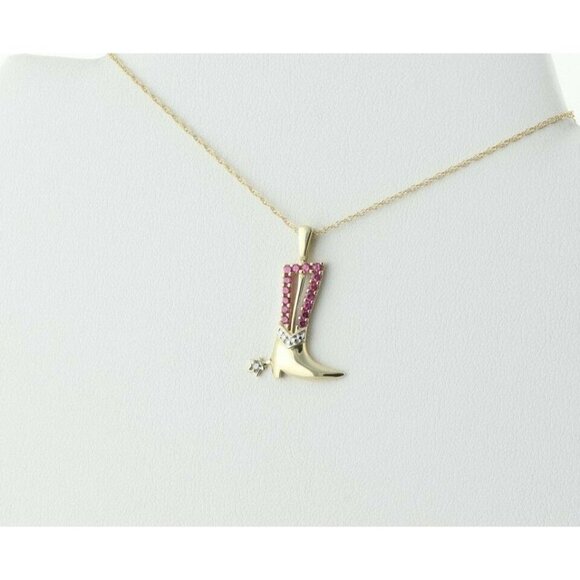 10k Yellow Gold Lab Created Ruby and Diamond Cowboy Boot Necklace 18 inch chain - Picture 5 of 8